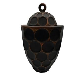 Contemporary decorative terracotta clay vessel lidded jar bronze finish